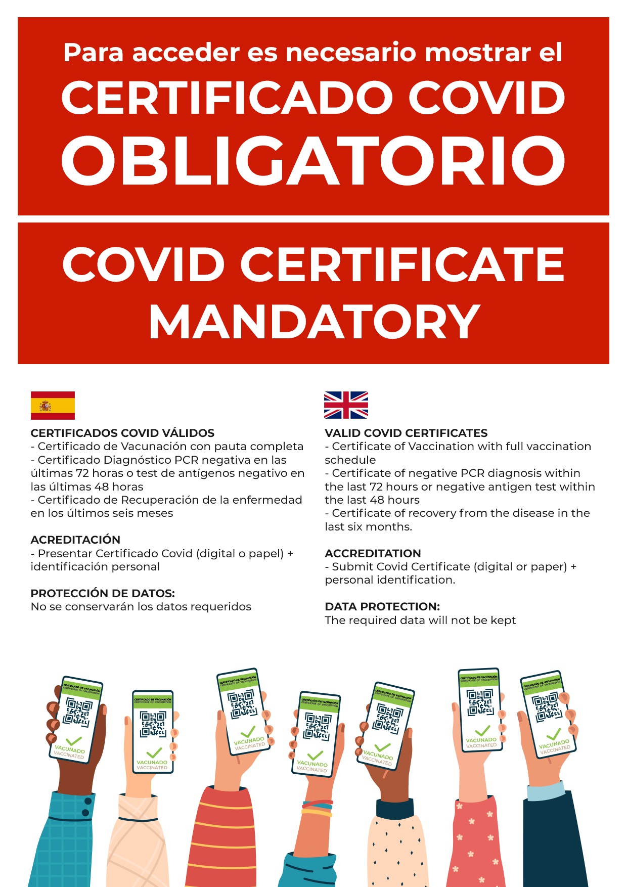 Cartel en 2 idiomas para exigir certificado Covid, prueba PCR o antígenos negativa